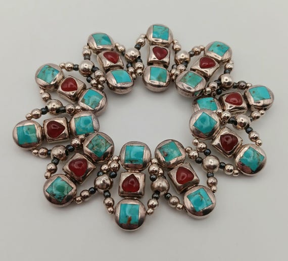 Solid Sterling Silver Turquoise & Red Agate Stret… - image 3