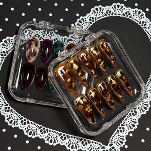 May include: A clear plastic case holding a set of artificial nails. The nails feature various designs, including a tortoiseshell pattern and gold leaf accents. Other nails are solid colors, including dark brown, burgundy, and green.