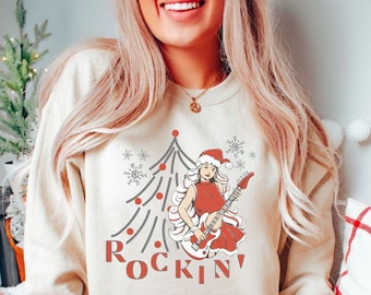 Rockin Around Christmas Sweater, Christmas Tree Sweatshirt, Retro Christmas Rock and Roll Shirt, Women's Christmas Sweater, Gift for Her