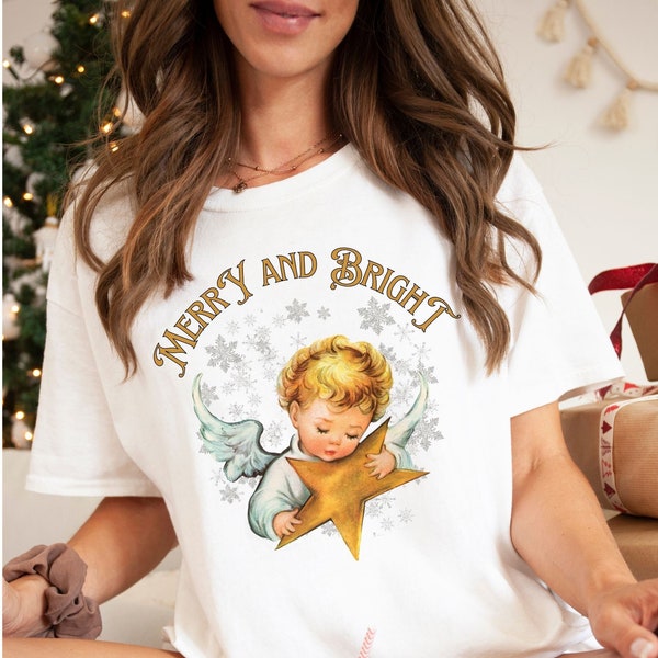 Christmas t-shirt, Merry and Bright Angel tshirt, Christmas Angel shirt, Vintage Christmas Shirt, Christian Christmas Shirt