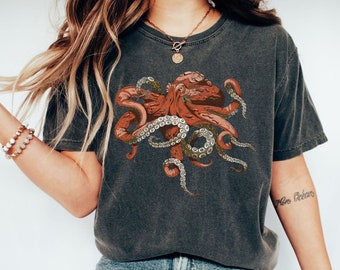 Octopus Shirt, Octopus Art tshirt, Kraken Shirt, Distressed Shirt, Garment Dyed Shirt Vintage Octopus, Beach Shirt Surfing Ocean tshirt