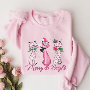 Pink Cats Christmas Sweatshirt, Merry and Bright Sweater, Christmas Cat Sweatshirt, Cat Lover Shirt, Pink Christmas Sweater, Cat mom Gift