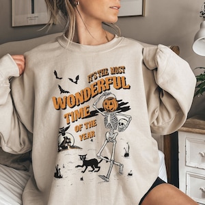 It&#39;s the Most Wonderful Time of the Year Halloween sweatshirt, Vintage Halloween sweater, Black cat skeleton retro Halloween shirt