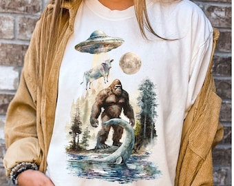 Funny Big Foot Shirt Loch Ness Alien Shirt, Sasquatch tshirt, Alien Shirt UFO, Bigfoot Hiking Shirt Camping tee, Area 51 t-shirt, Funny UFO