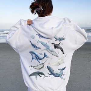 Whale Hoodie, Watercolor Ocean back printed hoodie, Whales Dolphin Beluga Humpback Orca, Indie hoodie, Marine Biology Conservation