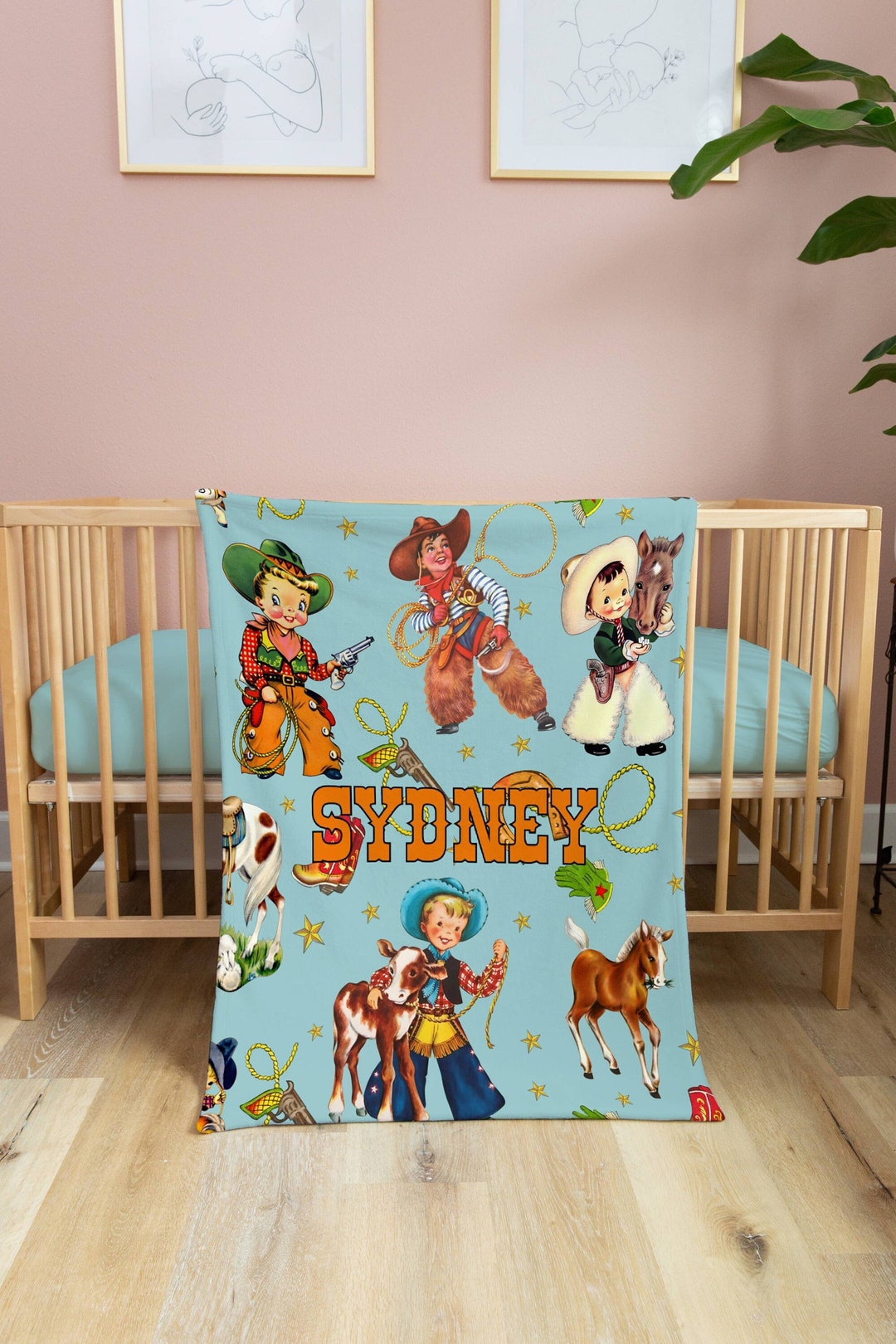 Blue Cowboy Personalized Baby Blanket, Custom Baby Blanket, Baby Boy