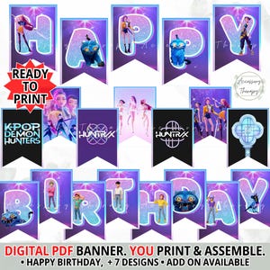 Può includere: Un set di banner PDF digitali a tema Buon Compleanno. Il banner presenta lettere colorate, illustrazioni e il testo "K-Pop Demon Hunters" e "Huntrax". Il banner è pronto per essere stampato e assemblato.