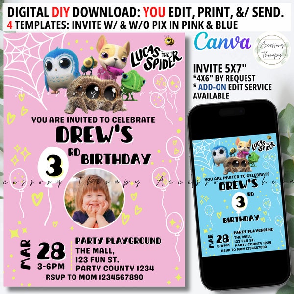 Lucas the Spider Cartoonito, DIGITAL DIY TEMPLATE Invitation Invite with Photo Picture Pix, Birthday Party Celebration Download, Editable