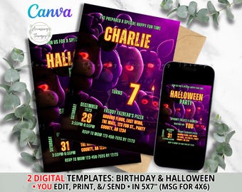 Plantilla de invitación DIY DIGITAL de Creepy Nights Bear para fiesta de cumpleaños de Halloween, descarga editable