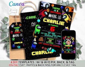 Alien Space Game, DIGITAL DIY Template Invitation Invite Backside Thank You Card Thank You Tag, Birthday Celebration Party