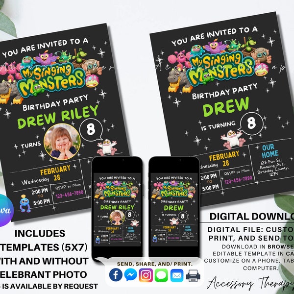 My Singing Monsters MSM Baby Monsters, DIGITAL DIY Template Invitation Invite Birthday Party Celebration Photo Picture Pix Download Editable