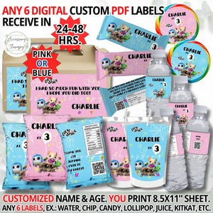 Aangepaste spin cartoon roze of blauwe partij set digitaal label chip waterlolly traktatiedoos Capri Sun Kool Aid snoep chocolade verjaardag
