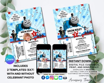 Train Ticket, DIGITAL DIY Template Invitation Invite Birthday Celebration Photo Picture, Editable