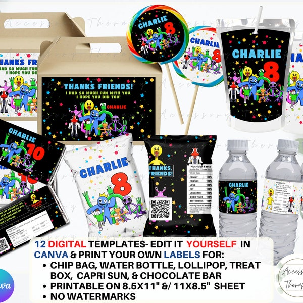 Rainbow Friends Party Set Bundle DIGITAL DIY Template Label Chip Bag Water Bottle Lollipop Treat Box Capri Sun Chocolate Bar Birthday