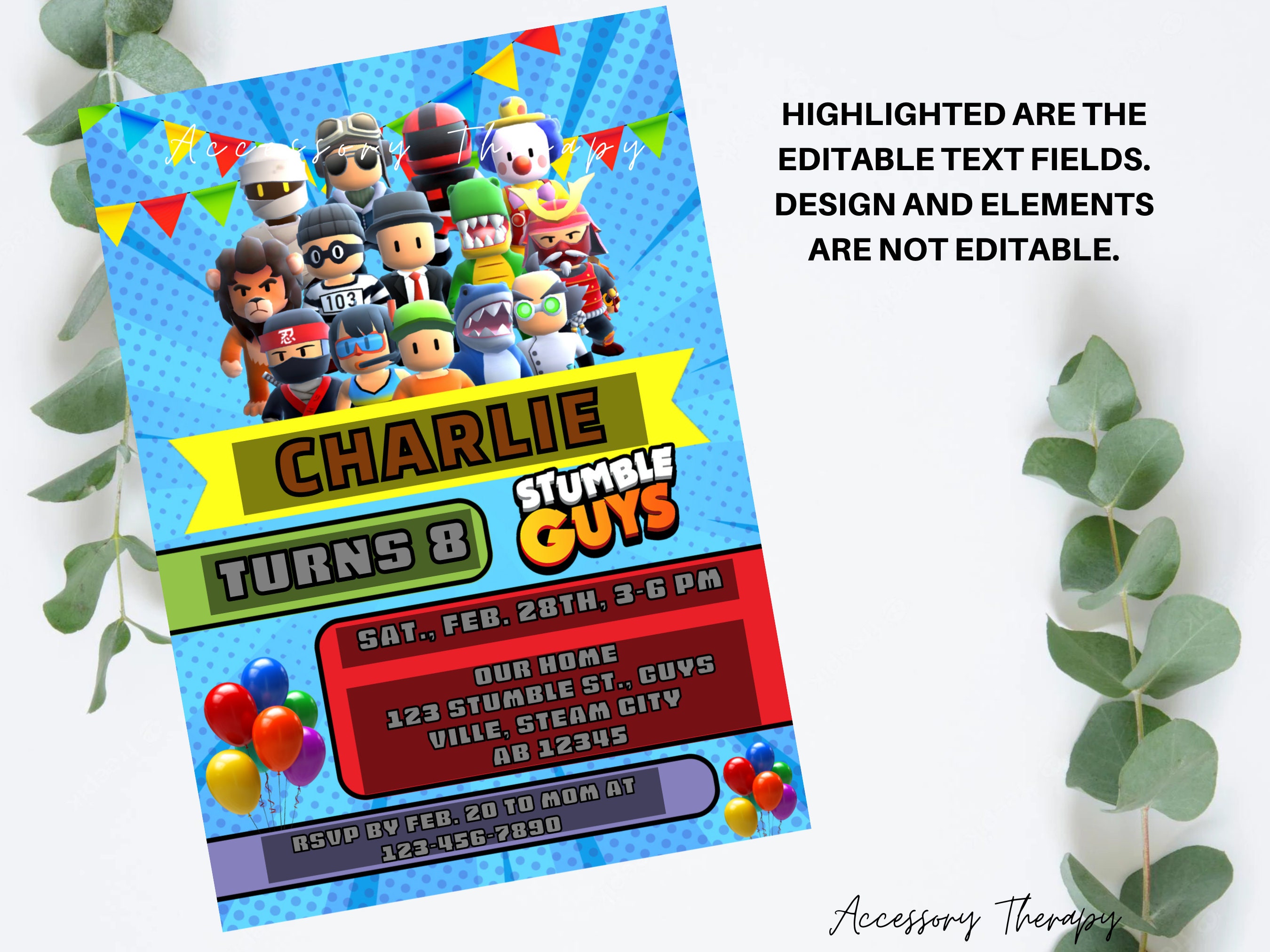 Stumble Guys, Stumble Guys Game, Stumble Guy Game, Stumble Game, DIGITAL  DIY Template Invitation Invite Birthday Party Celebration Download 