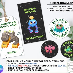 Monster Sänger, Baby Monster DIY Vorlage Party Geschenkanhänger Danke Karte Cupcake Topper Aufkleber Geburtstag Feier Digital