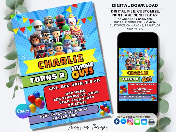 Stumble Guys, Stumble Guys Game, Stumble Guy Game, Stumble Game, DIGITAL  DIY Template Invitation Invite Birthday Party Celebration Download 