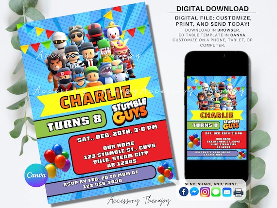 Stumble Guys, Stumble Guys Game, Stumble Guy Game, Stumble Game, DIGITAL  DIY Template Invitation Invite Birthday Party Celebration Download 