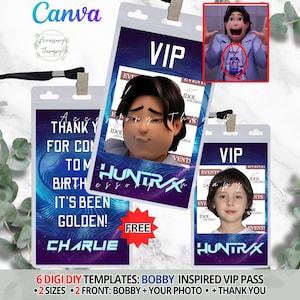 May include: Digital DIY templates for VIP passes. The passes feature images of animated characters and children. The text on the passes includes "VIP", "HUNTRAX", and "THANK YOU". The background is a gradient of blue and purple.