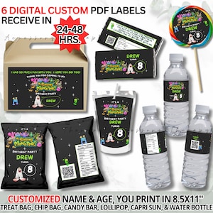 Puede incluir: Seis etiquetas PDF imprimibles con un tema de fiesta de cumpleaños "It's a Slime Squad Monsters" en negro y verde. Las etiquetas están diseñadas para bolsas de golosinas, bolsas de patatas fritas, barras de caramelo, piruletas, cajas de zumo Capri Sun y botellas de agua. Las etiquetas presentan un personaje de monstruo de dibujos animados y el texto "Drew cumple 8 años".