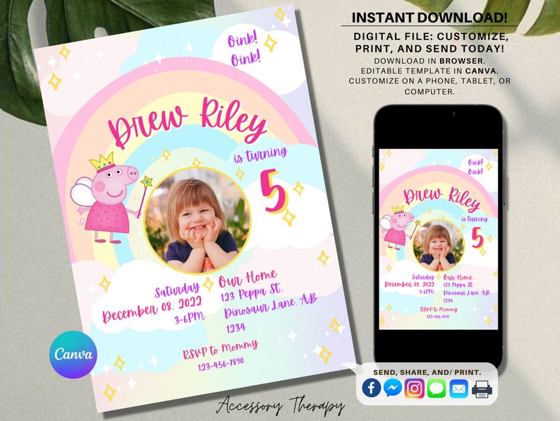 Peppa Pig DIY Template Invitation Invite Birthday - Etsy