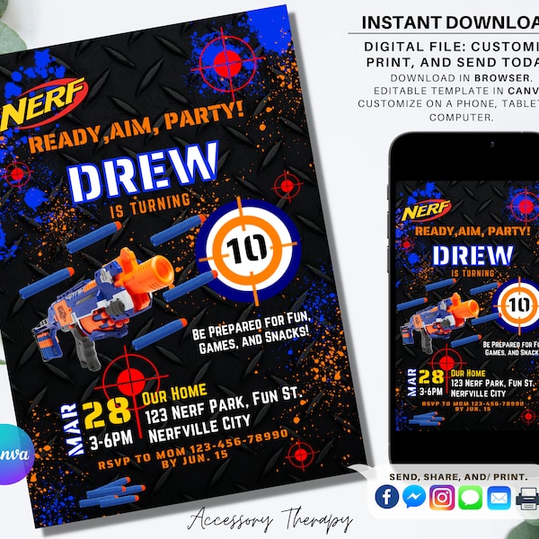 Nerf, Dart War Dart Gun Battle DIGITAL DIY Template Invitation Invite Birthday Party Celebration, Phone Printable Digital Download Editable