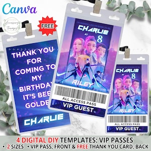 May include: Digital DIY VIP pass templates in blue and purple. The passes feature the text "CHARLIE at 8" and "ALL ACCESS PASS VIP GUEST". One pass says "THANK YOU FOR COMING TO MY BIRTHDAY".