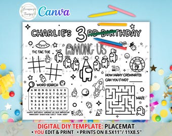 Juego espacial alienígena, plantilla digital DIY, hoja de actividades para mantel individual, página para colorear, celebración de fiesta de cumpleaños