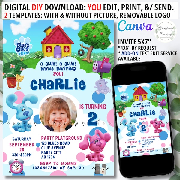 Blue's Clues Magenta Blue's Clues & You Blue's Room Blue Dog Pink Dog, DIGITAL DIY Template Invitation Invite Birthday Digital Download