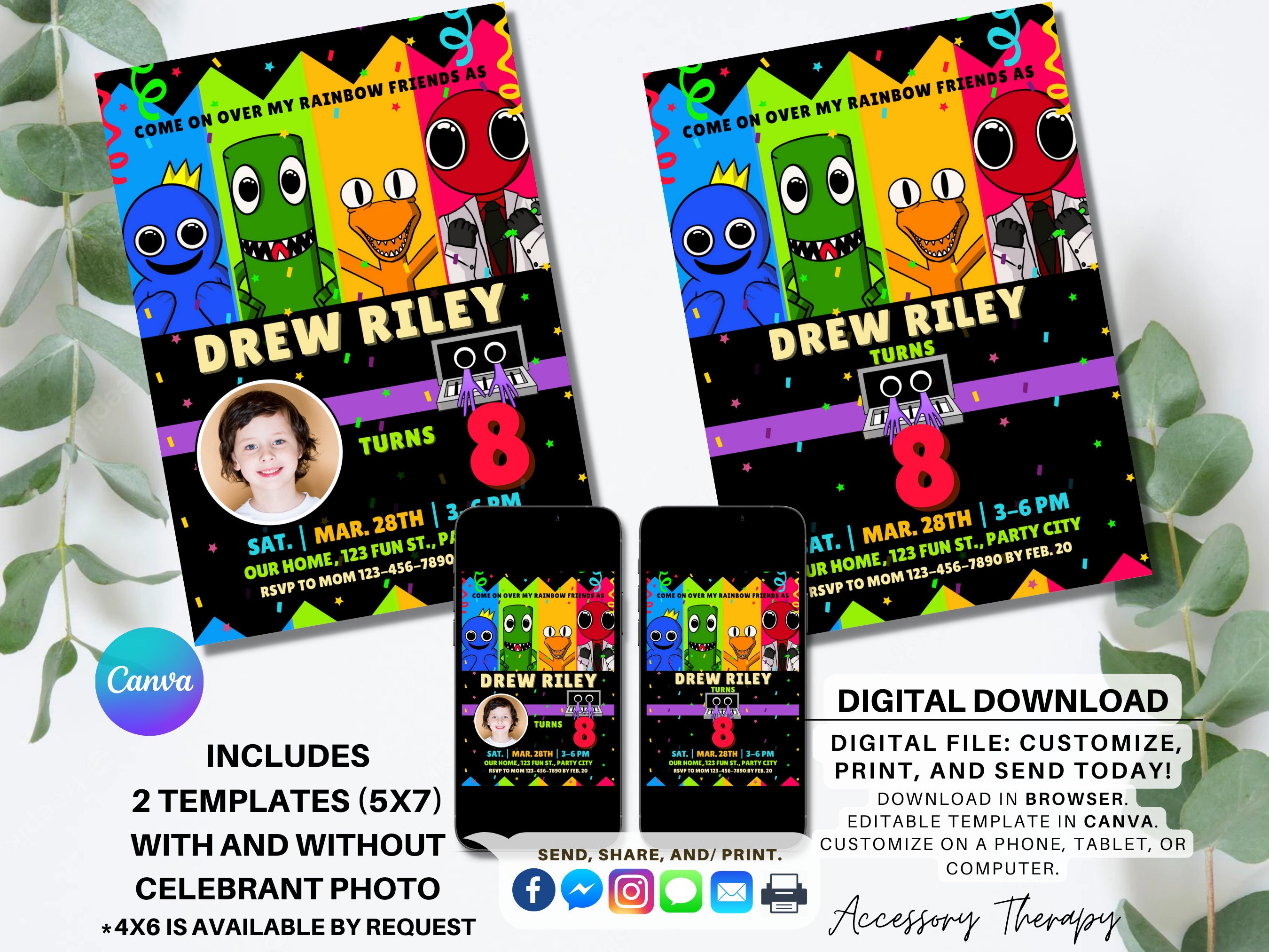 Rainbow Friends DIY Template Invitation Invite Birthday Etsy Espa a