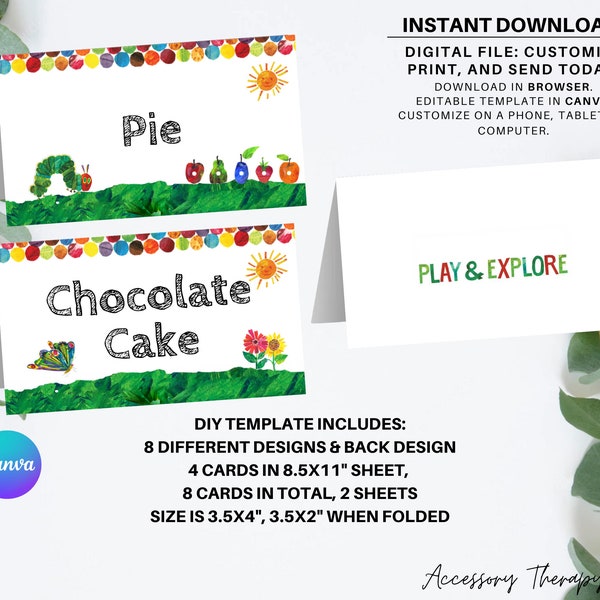 The Very Hungry Caterpillar, DIGITAL DIY Template Food Tent Food Label Food Cards Food Tags Place Cards Instant Download, Editable
