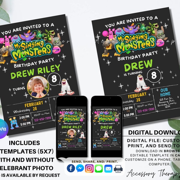 My Singing Monsters MSM Regular Monsters, DIGITAL DIY Vorlage Einladung Invite Geburtstag Party Feier Foto Bild Pix Download