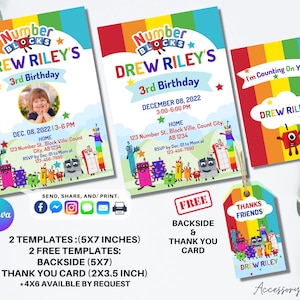 Blocks Numbers DIGITAL DIY Template Invitation Invite, Birthday Celebration Pix Photo Picture Digital Instant Download, Editable