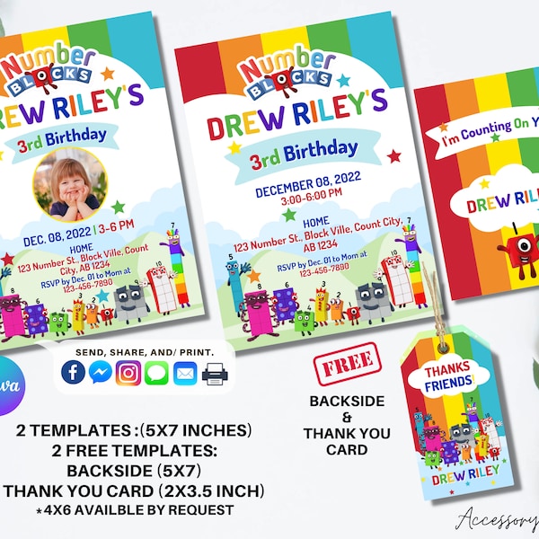 Numberblocks Number Blocks DIGITAL DIY Template Invitation Invite, Birthday Celebration Pix Photo Picture Digital Instant Download, Editable