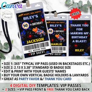 Dart War Dart Gun Battle DIY digitale sjabloon VIP-badge, gastpas, All Access Pass, Backstage Pass, bedankkaart, bedanktag