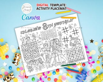Demon Hunters DIGITAL DIY Template Placemat Activity Sheet Coloring Page Celebration Birthday Party