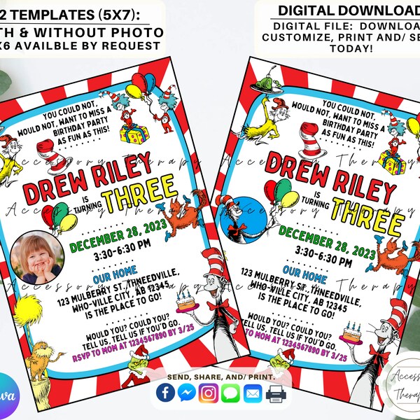 Dr. Seuss Dr Seuss Doc Seuss Doctor Seuss, DIGITAL DIY Template Invitation Invite Birthday Party Celebration Download, Editable