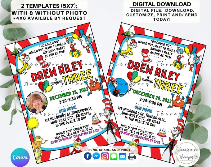 The Cat in the Hat Birthday Invitation, Thing 1 Thing 2 Birthday ...