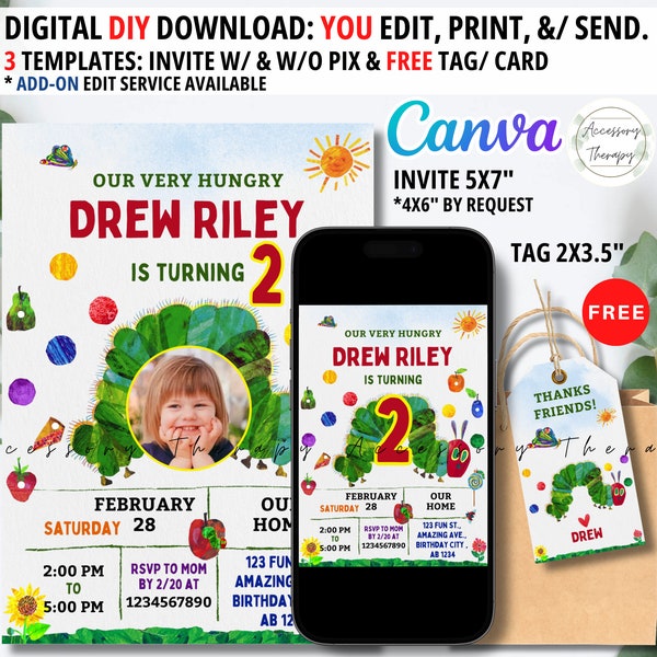 The Very Hungry Caterpillar, DIGITAL DIY Template Invitation Invite Birthday Celebration Pix Photo Picture Download, Editable