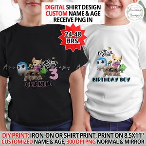 Spider cartoon, blauw of roze digitaal ontwerp voor doe-het-zelvers print en opstrijkbaar T-shirt stofoverdracht, verjaardagsfeestje, feest!