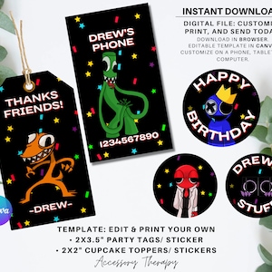 Rainbow Friends, Digital DIY Template Party Favor Tags Thank You Card Cupcake Topper Sticker Birthday Celebration, Editable