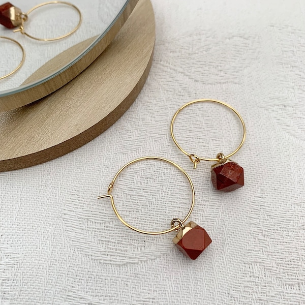 Red Jasper Earrings // Red Earrings // Gold Plated hoops // Red and Gold Earrings // Gemstone Earrings // Christmas Earrings