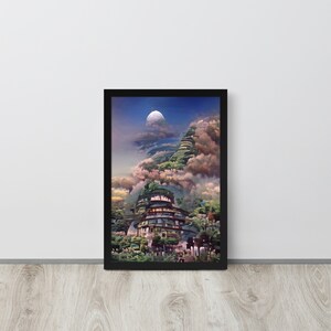 pintura fotográfica de la ciudad de la tierra utópica, luna, edificio, hierba, bosque, luces de la ciudad, arte de la pared, decoración de arte, póster de papel fotográfico enmarcado