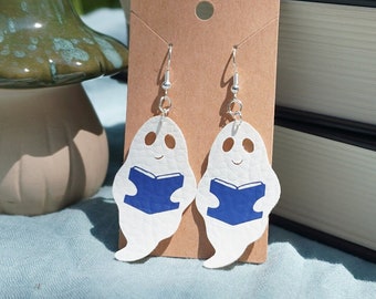 Ghost Holding Book Earrings - faux leather - lightweight
