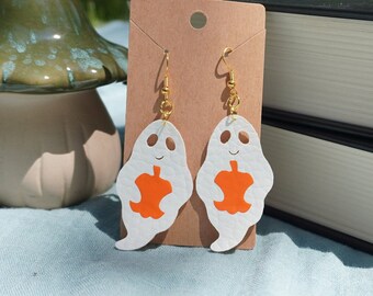 Ghost Holding Pumpkin Earrings - faux leather - lightweight