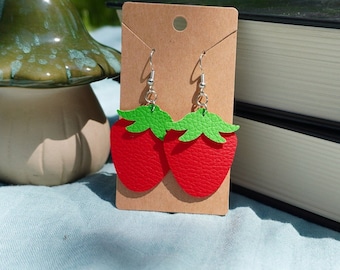 Strawberry Dangle Earrings - faux leather - lightweight