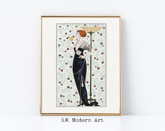 ムーディなアールデコ調のポートレートプリント | 1920 年代のファッションイラスト | デジタルダウンロード | アールデコ調の印刷可能な壁アート