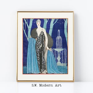 Blue Art Deco Portrait Print | Fashion Illustration | Woman in Evening Dress | Digital Download  | Art Deco Printable Wall Art