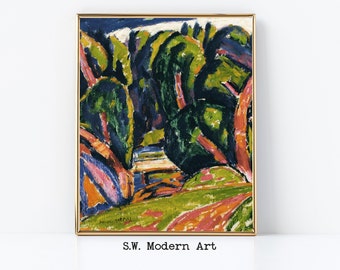 May include: Abstract painting of a forest scene with green, blue, orange, and pink colors. The painting is framed in a gold frame.
