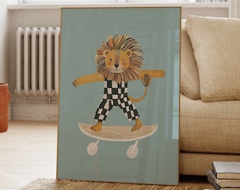 Löwe auf Skateboard Druck, Eklektische Kinderzimmer Druck, Maximalist Wand Kunst, Bunt Kinderzimmer Dekor Junge Blau Tier Druck, Junge&#39;s Zimmer Dekor
